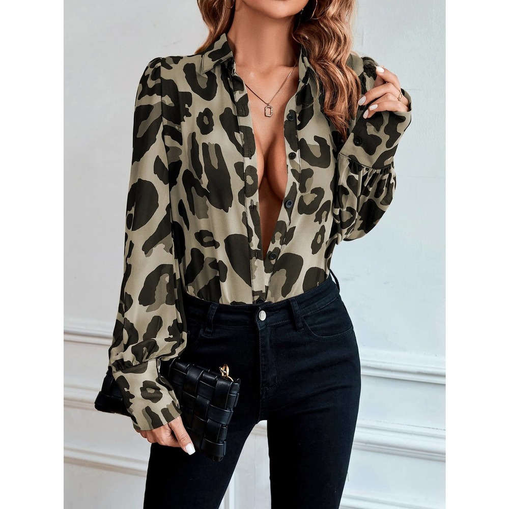 long sleeve Leopard Print Bishop Sleeve Chiffon Shirt tan - Picture 11 of 11